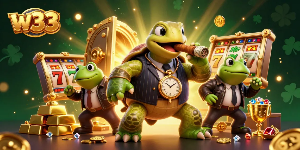 Experience w33 gaming thrills with a vibrant, cartoonish scene featuring characters and slot elements.