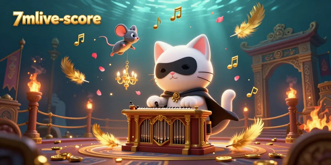 Experience thrilling moments at 7mlive-score with a whimsical casino scene featuring a ghostly cat and dazzling acrobats.