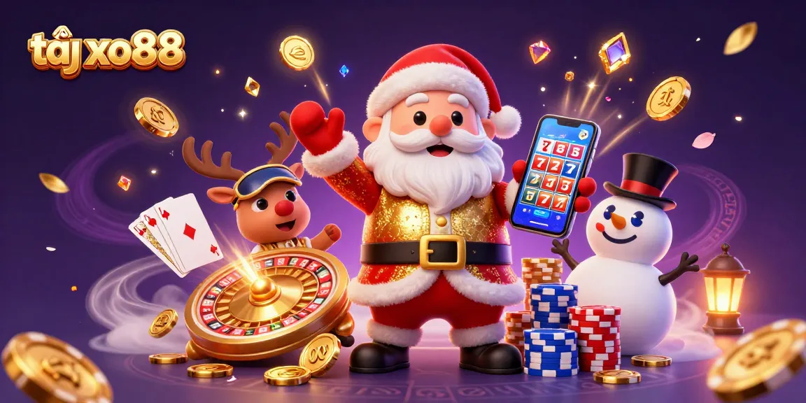 Win big at tại xo88 with a festive casino scene featuring Santa and gaming elements.