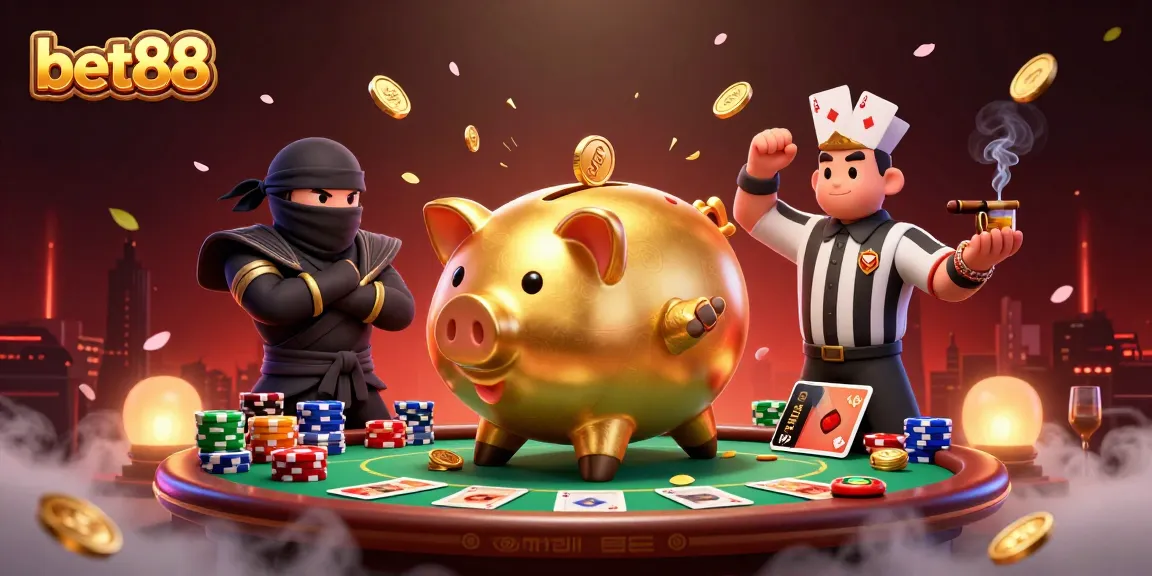Bet88's exciting 3D illustration features a golden sumo piggy bank, ninja, and samurai in a vibrant casino setting.