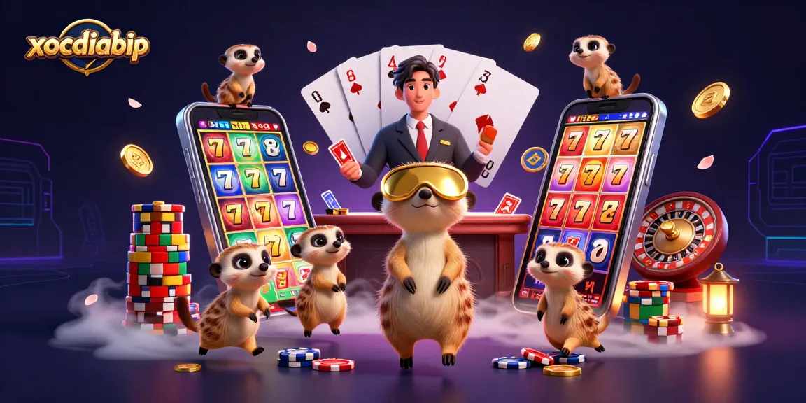 Experience exciting gameplay with xocdiabip's meerkats in a vibrant casino scene featuring slot games and more.