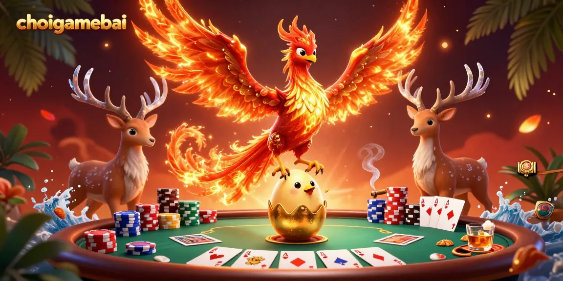 Join the thrilling game at choigamebai, a stunning illustration showcasing poker excitement with vibrant characters and game elements.