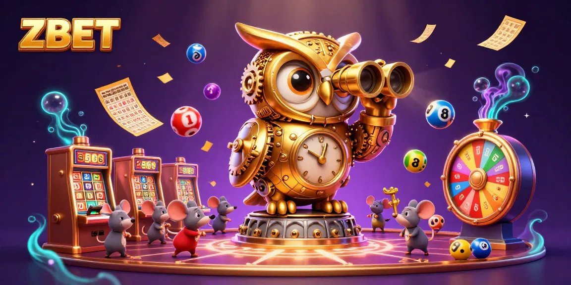 Experience the excitement of ZBET with a dynamic 3D illustration featuring a golden owl and lively casino elements.