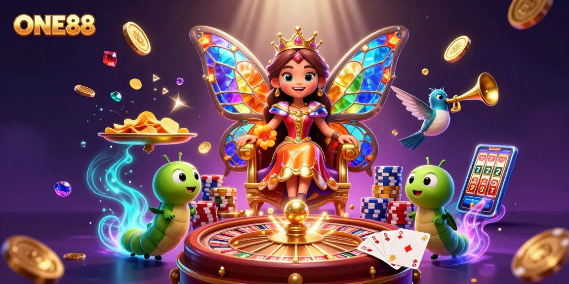 ONE88's vibrant casino scene featuring unique characters and dynamic gaming elements with sparkling gems and coins.