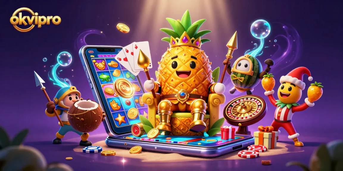 Experience lively gaming with okvipro in this vibrant 3D casino scene featuring a golden pineapple king.