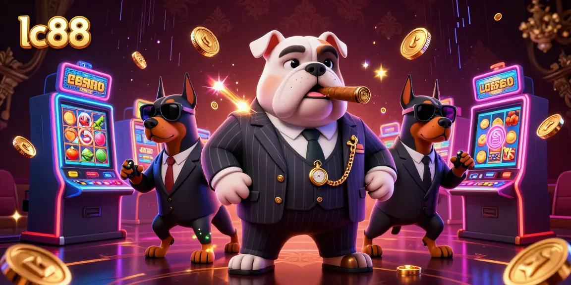 Experience thrilling action at lc88 casino with a mafia boss bulldog and Doberman bodyguards amidst slot machines and neon elements.
